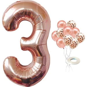 Bal10 Dünyası 3 Yaş Rose Gold Rakam Balon Konfetili Balon Seti
