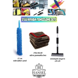 3'lü Araba Temizleme Seti Mikrofiber Şönil - 3'lü 50X50 Ultra Pamuklu Bez- Teleskopik Çek Çek