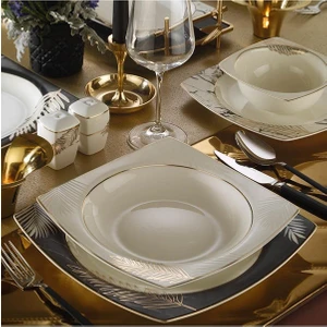 Kütahya Porselen Bone Mare 12 Kişilik 53 Parça Kare Altın Yemek Takımı
