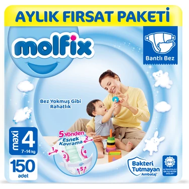 Molfix Bebek Bezi 4 Beden Maxi Bantlı Bez 7-14 kg Aylık Fırsat Paketi 150