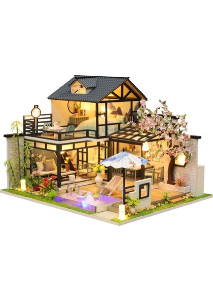 Ahşap Dollhouse Minyatür Mobilya LED Işık Kiti Bebek Evi 3D Bulmacalar Villa (Yurt Dışından)