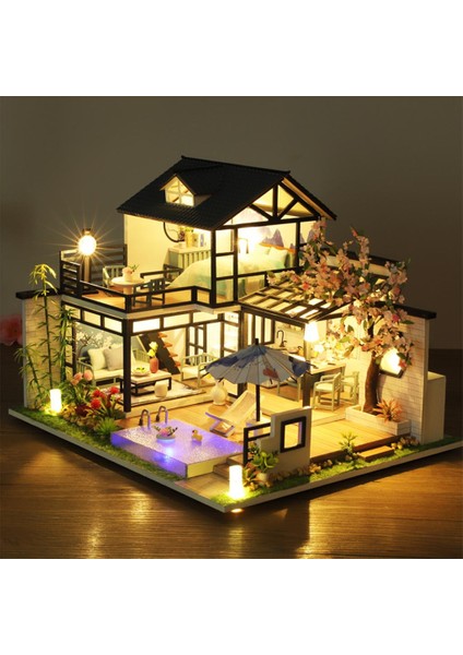 Ahşap Dollhouse Minyatür Mobilya LED Işık Kiti Bebek Evi 3D Bulmacalar Villa (Yurt Dışından)