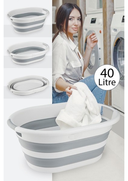 Katlanabilir Silikon Akordiyon Çamaşır Sepeti Büyük Boy 40 L