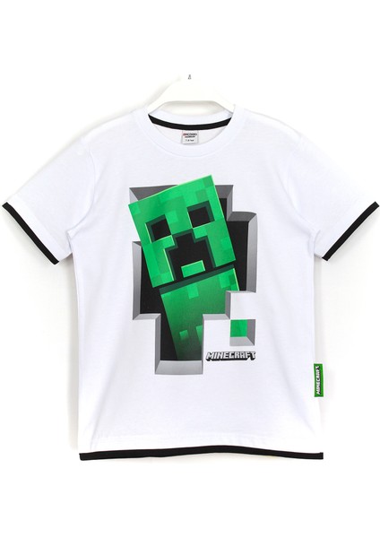 Erkek Çocuk Minecraft Creeper 3D Baskılı T-Shirt Beyaz