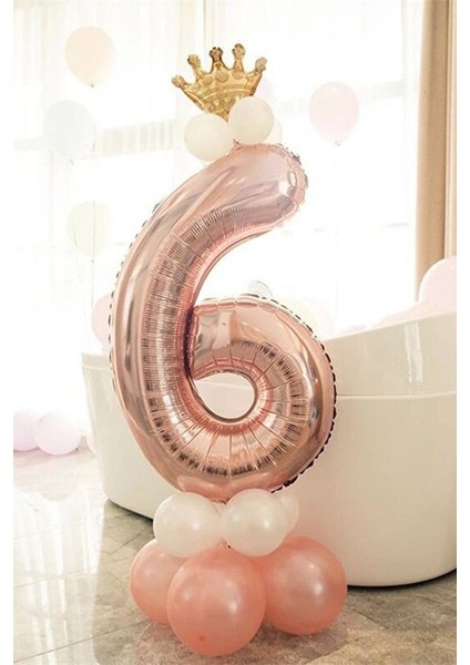 6 Yaş Rose Gold Rakam Balon Altın Kral Taçlı Balon Seti