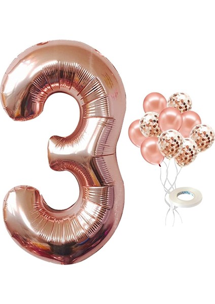 3 Yaş Rose Gold Rakam Balon Konfetili Balon Seti