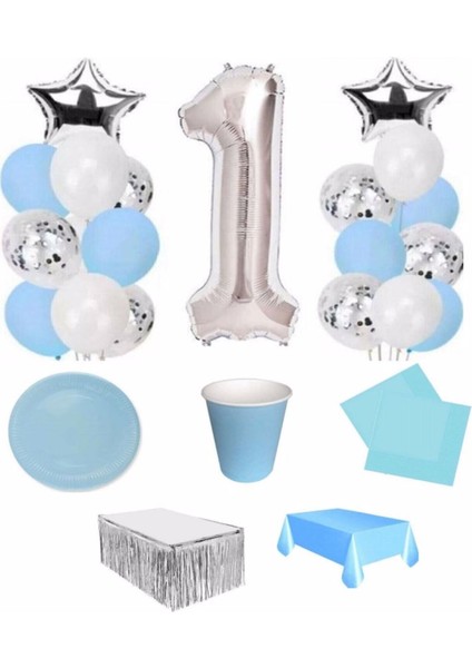 Mavi Gümüş 1 Yaş Lüks Hazır Doğum Günü Seti