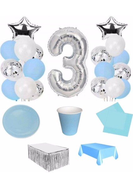 Mavi Gümüş 3 Yaş Lüks Hazır Doğum Günü Seti