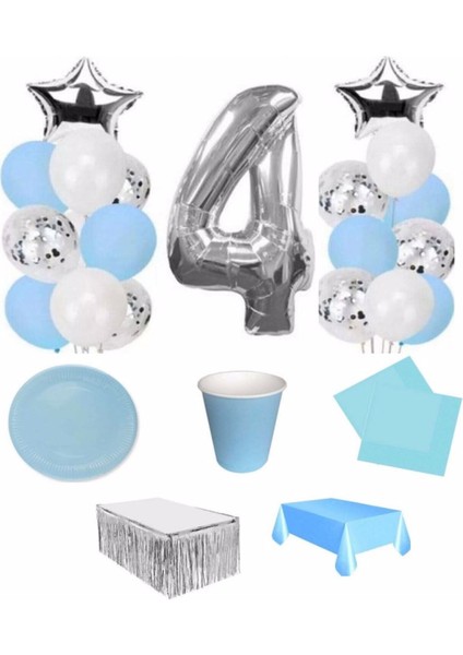 Mavi Gümüş 4 Yaş Lüks Hazır Doğum Günü Seti