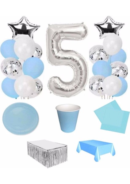 Mavi Gümüş 5 Yaş Lüks Hazır Doğum Günü Seti