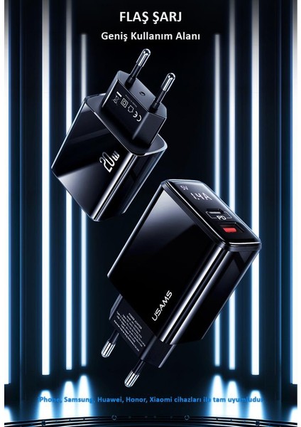 Usams US-CC133 T40 20W Qc3.0+Pd Type-C+Usb Dijital Göstergeli Hızlı Şarj Başlığı