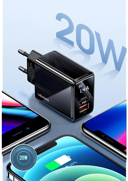 Usams US-CC133 T40 20W Qc3.0+Pd Type-C+Usb Dijital Göstergeli Hızlı Şarj Başlığı