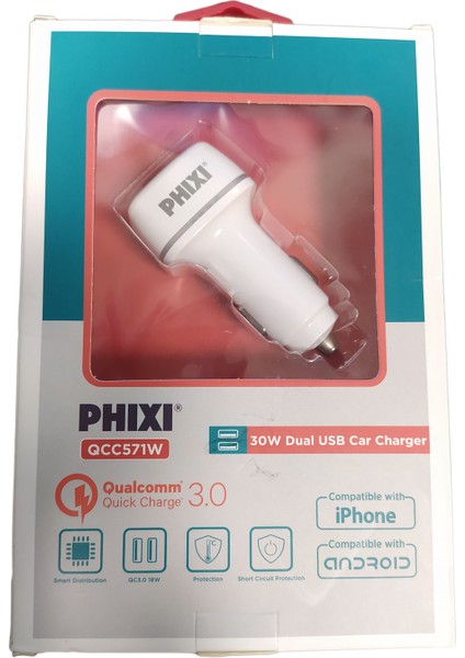 Universal QCC571W 2.4A 30 W Beyaz Çift Çıkışlı ve Akım Korumalı Qc 3.0 + Normal USB Çıkışlı Araç Çakmaklık Şarj Cihazı