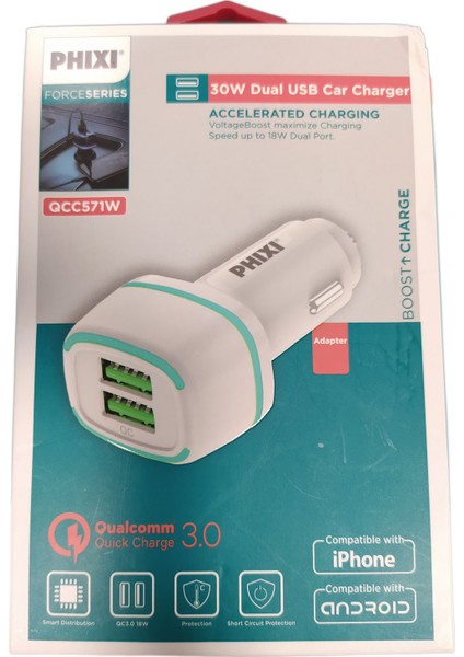Universal QCC571W 2.4A 30 W Beyaz Çift Çıkışlı ve Akım Korumalı Qc 3.0 + Normal USB Çıkışlı Araç Çakmaklık Şarj Cihazı