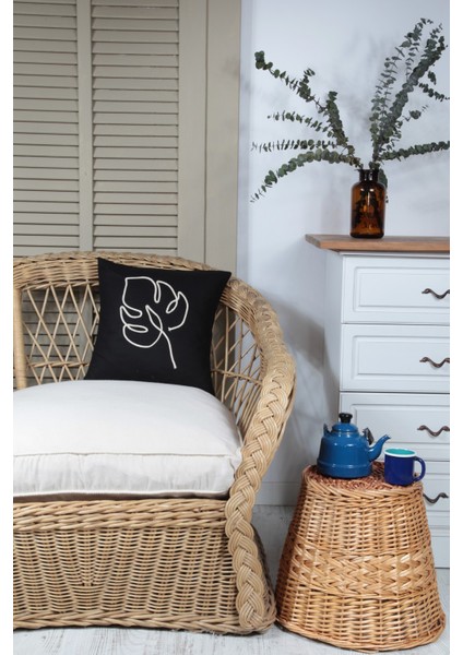 Boho Kırlent Kılıfı Yaprak Çizgi Sanatı Siyah, Tek Çizgi Sanatı, Minimalist Çizim 42X42 cm