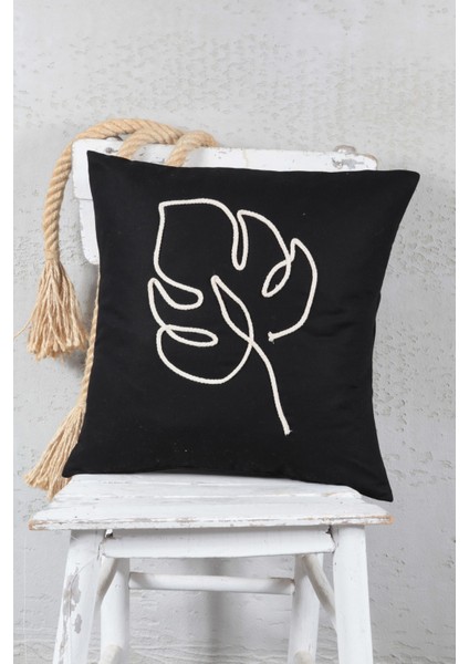 Boho Kırlent Kılıfı Yaprak Çizgi Sanatı Siyah, Tek Çizgi Sanatı, Minimalist Çizim 42X42 cm fiyatları