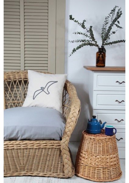 Boho Kırlent Kılıfı Martı Çizgi Sanatı Krem, Tek Çizgi Sanatı, Minimalist Çizim 42X42 cm