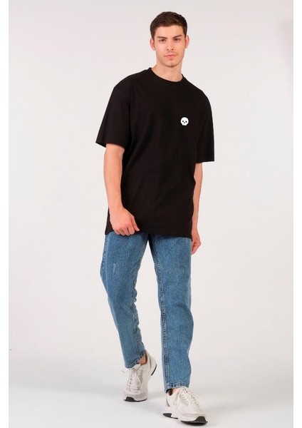 Unisex (Erkek -Kadın) Oversize T-Shirt Black (Siyah) Sevimli Kuru Kafa