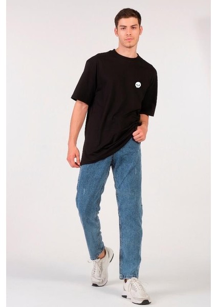 Unisex (Erkek -Kadın) Oversize T-Shirt Black (Siyah) Sevimli Kuru Kafa