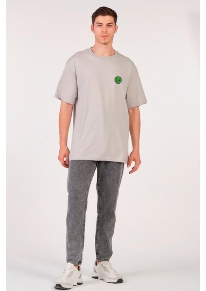 Unisex (Erkek -Kadın) Oversize ( Bol-Salaş ) T-Shirt Renk Gri Sevimli Kuru Kafa