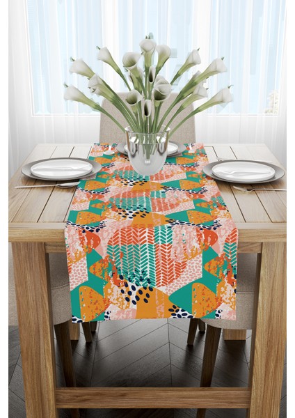 Turuncu Yeşil Tropik Geometrik Desenli Dijital Baskılı Runner CGH1044-RN fiyatları