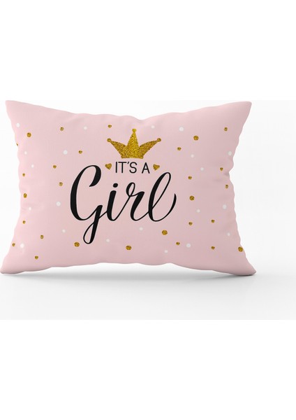 Pembe Siyah It's Girl Yazılı Dijital Baskı Kırlent Yastık Kılıfı - CGH446-3550 Çift Tarafı Baskılı
