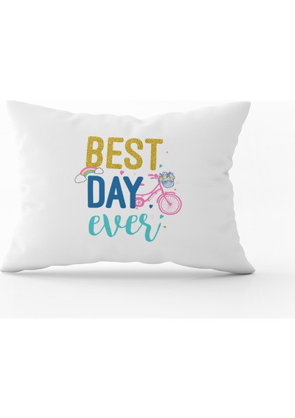 Beyaz Mavi Best Day Ever Dijital Baskı Kırlent Yastık Kılıfı - CGH456-3550 Çift Tarafı Baskılı