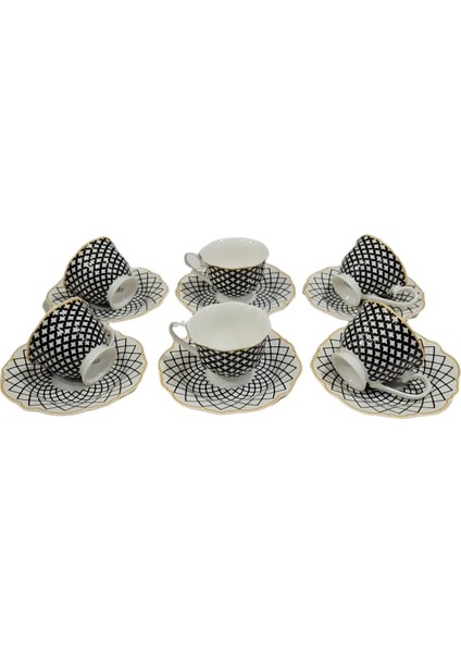 Siyah Beyaz Desenli Porselen 6'lı Kahve Takımı