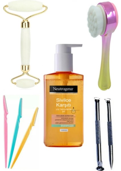 Cilt Temizleme Fırçası 3'lü Kaş Usturası 2'li Komedon Yeşim Taşlı Set