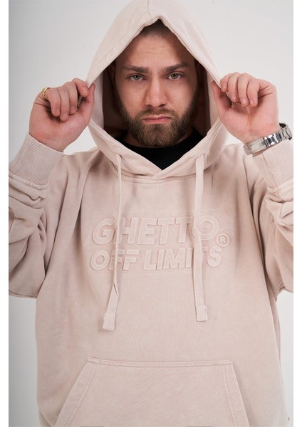 Asit Yıkamalı Hoodie Açık Bej