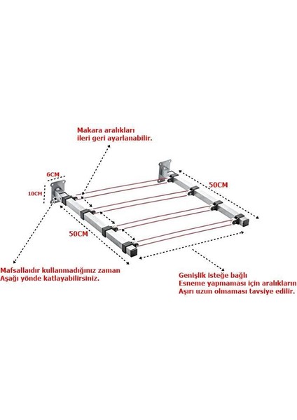 Duvara Monteli Paslanmaz Makaralı Katlanır Çamaşır Askısı Ip Hediyeli