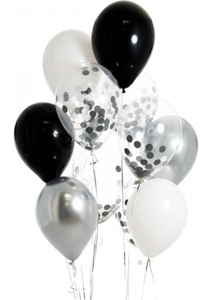 Siyah Beyaz Gümüş Konfetili Balon Seti