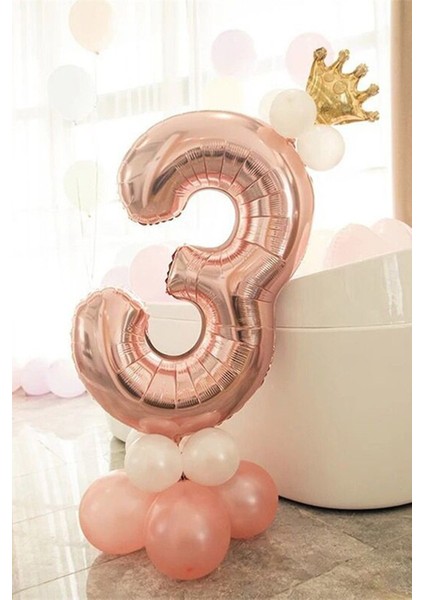 3 Yaş Rose Gold Rakam Balon Altın Kral Taçlı Balon Seti