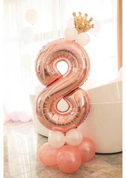 8 Yaş Rose Gold Rakam Balon Altın Kral Taçlı Balon Seti