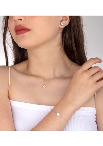 925 Ayar Gümüş Pırlanta Model Yuvarlak Kolye Küpe Bileklik Takı Seti fiyatları