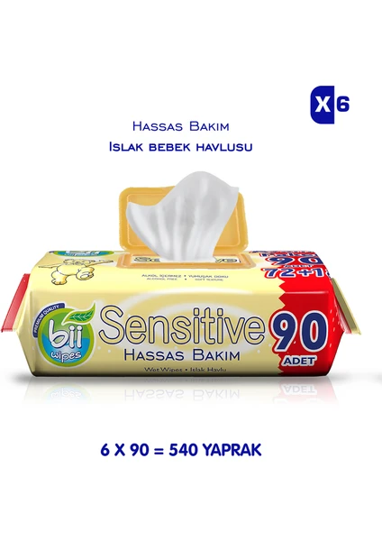 Bii Wipes Sensitive Hassas Bakım Islak Havlusu 6 x 90 Yaprak