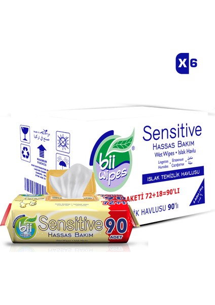 Bii Wipes Sensitive Hassas Bakım Islak Havlusu 6 x 90 Yaprak