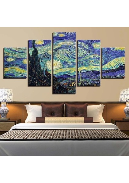 Oda Dekor 5 Li Panel Modüler Resim Ahşap Baskı Van Gogh Yıldızlı Gece Sanat Posteri