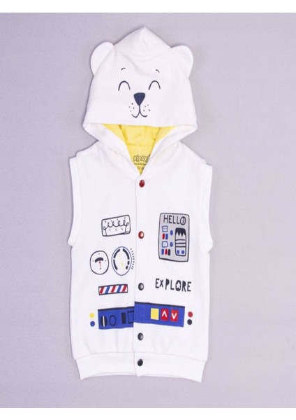 Uzay Tema Kapşonlu Erkek Bebek Yelek 3-12 Ay Beyaz