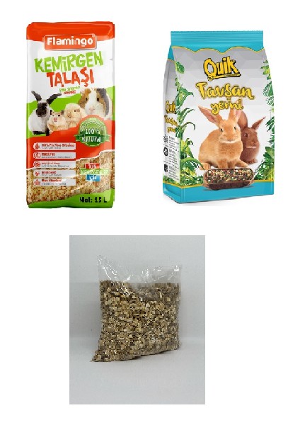 Tavşan Temel Ihtiyaçları (3 Parça) Açık Yem, Paket Quik Yem, Talaş