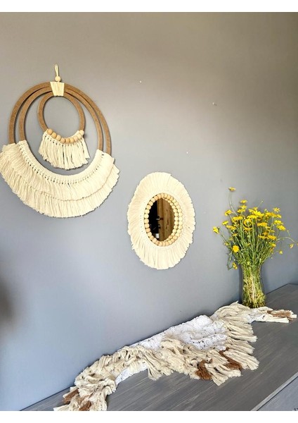 Wall Art Makrome ve Boncuklu Ayna Duvar Dekorasyon Ürünü 2’li Set