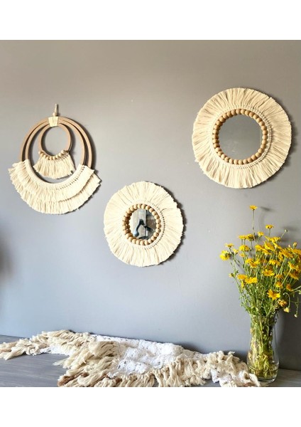 Wall Art Makrome ve Boncuklu Ayna Duvar Dekorasyon Ürünü 3’lü Set