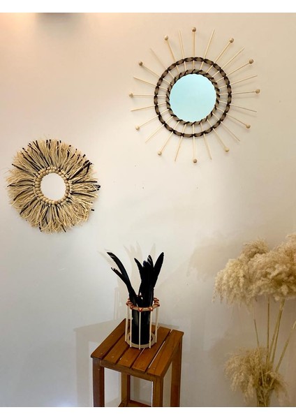 Wall Art Rafya ve Boncuklu Ayna Duvar Dekorasyon Ürünü 2’li Siyah Set