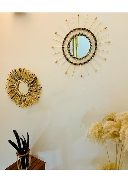 Wall Art Rafya ve Boncuklu Ayna Duvar Dekorasyon Ürünü 2’li Siyah Set
