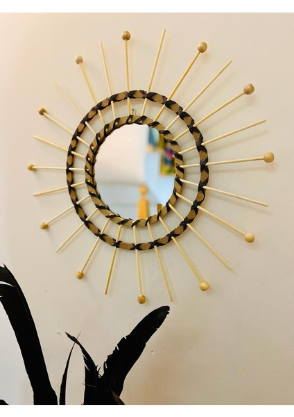 Wall Art Rafya ve Boncuklu Ayna Duvar Dekorasyon Ürünü 2’li Siyah Set