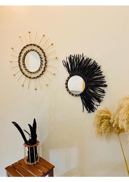 Wall Art Rafya ve Boncuklu Ayna Duvar Dekorasyon Ürünü 2’li Set