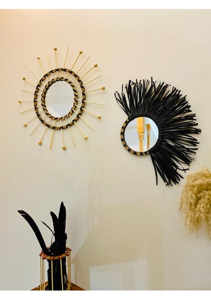 Wall Art Rafya ve Boncuklu Ayna Duvar Dekorasyon Ürünü 2’li Set fırsatları