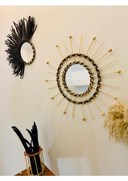 Wall Art Rafya ve Boncuklu Ayna Duvar Dekorasyon Ürünü 2’li Set indirimleri