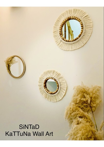 Wall Art Makrome Ayna ve Ahşap Duvar Dekorasyon Ürünü 3’lü Set