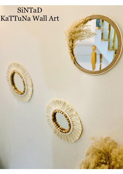 Wall Art Makrome Ayna ve Ahşap Duvar Dekorasyon Ürünü 3’lü Set
